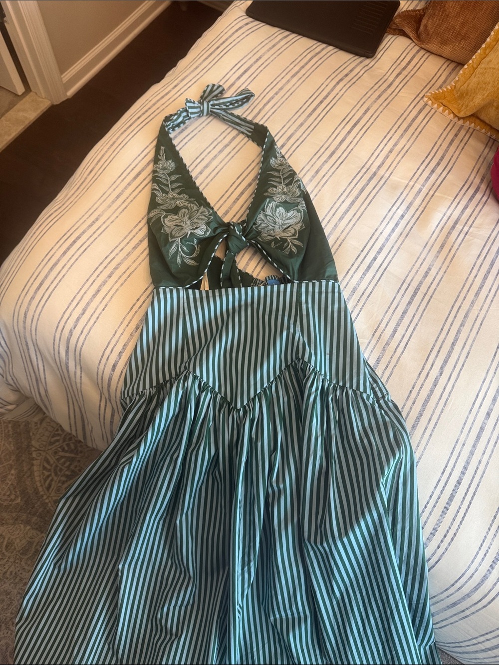 FARM Rio Green Embroidered Halter Striped Maxi Dress
